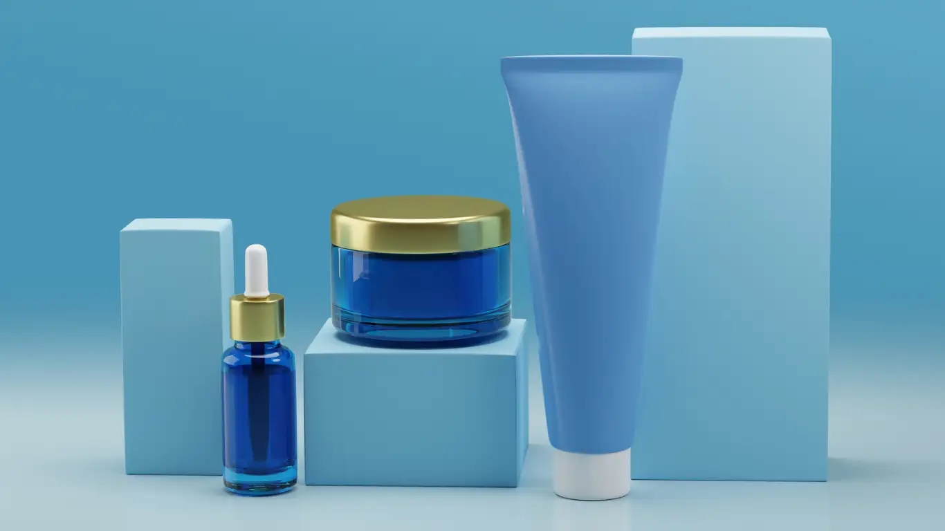 Blue Skincare Product Packaging on a Table